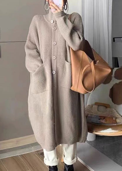 Grey Turtleneck Pockets Button Cozy Cotton Knit Sweaters Coats Long Sleeve