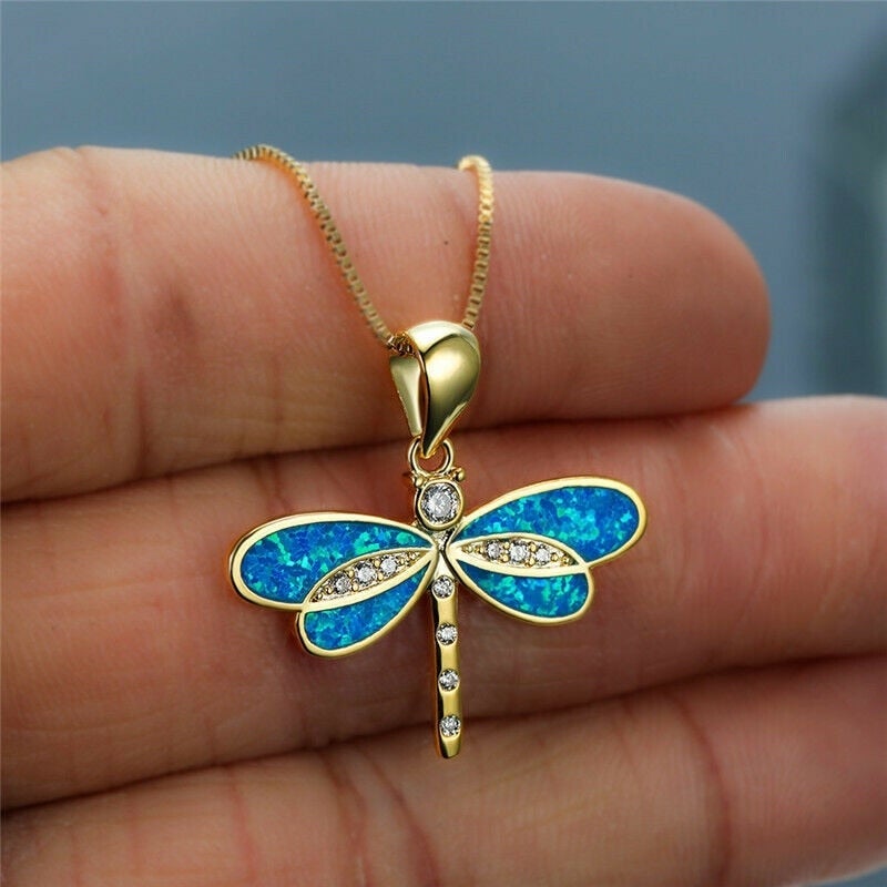 Dragonfly Opal Necklace – Gold Pendant in White or Blue
