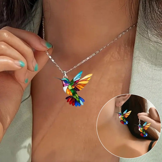 Hummingbird Pendant Necklace with Matching Earrings – Gift Set