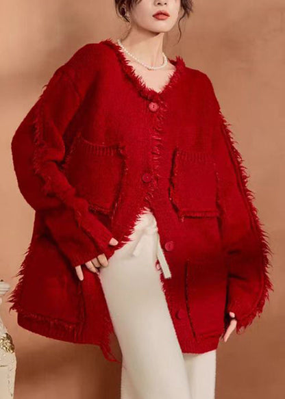 Natural Red Pockets Patchwork Button Cotton Knit Coats Spring