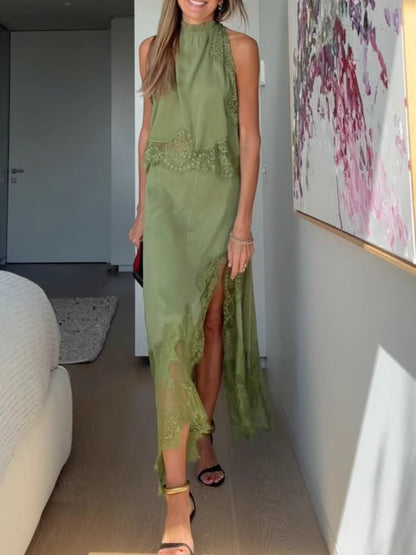 Marigold Lace Pleated Top + Irregular Slit Skirt Set