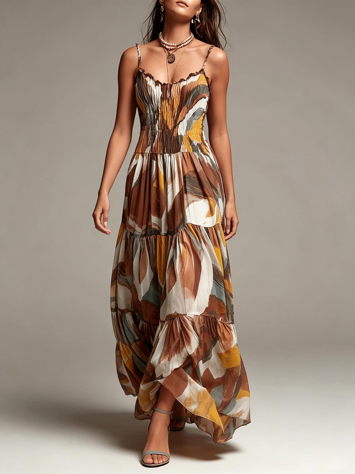 Abstract Print Maxi Dress Tiered — Occasion Wear | Smocked