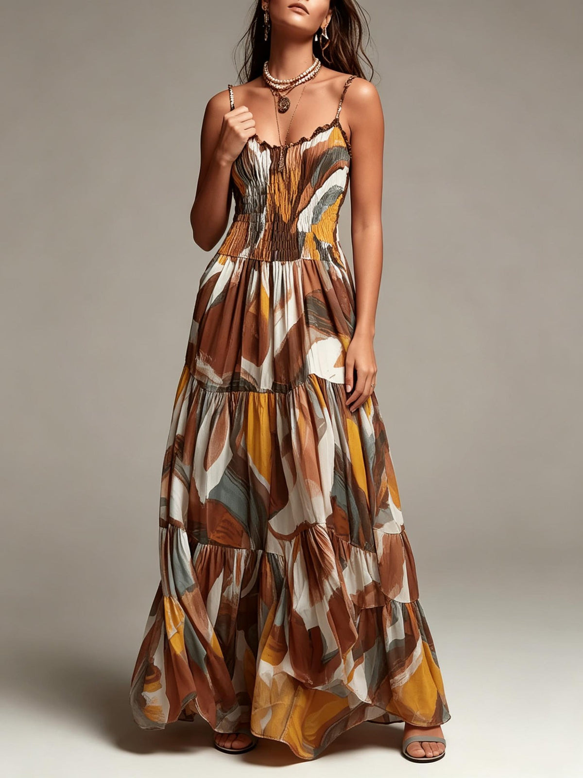 Abstract Print Maxi Dress Tiered — Occasion Wear | Smocked