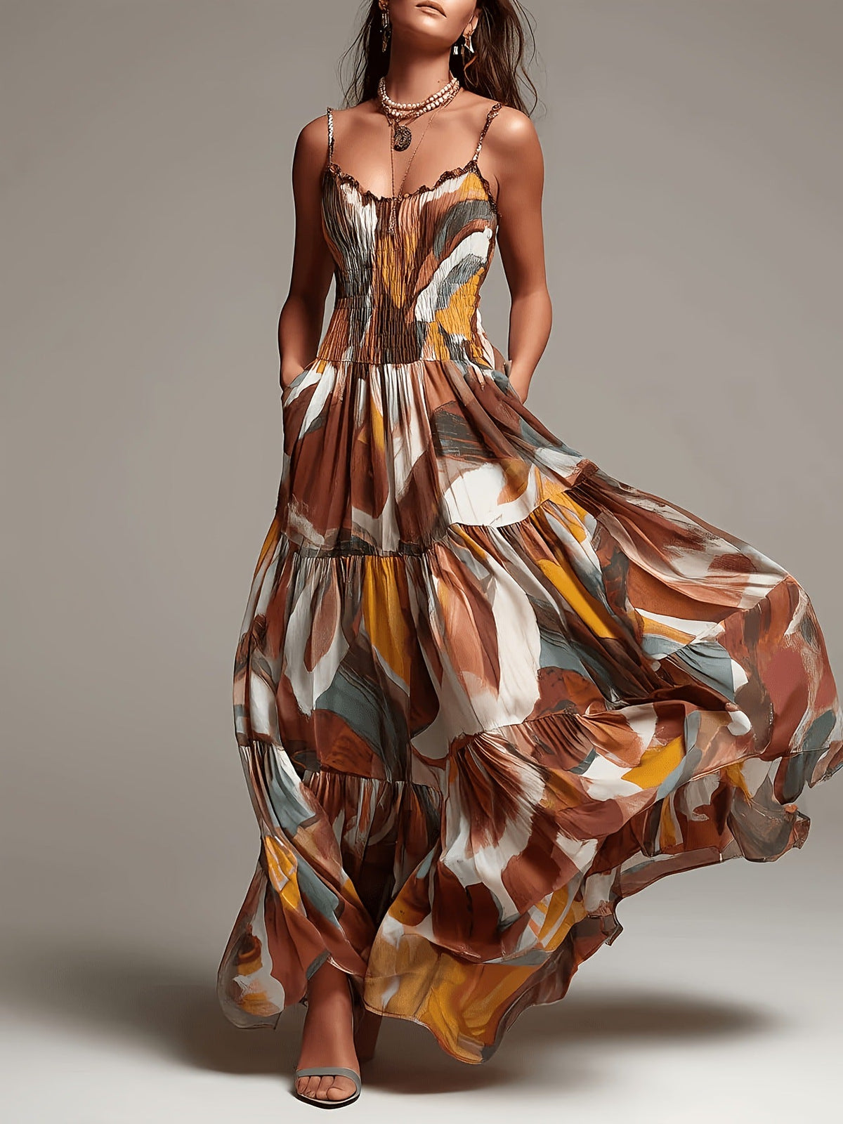 Abstract Print Maxi Dress Tiered — Occasion Wear | Smocked