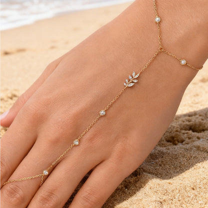 Laurel Hand Chain – 925 Sterling Silver Crystal Leaf Wrist-to-Finger Chain