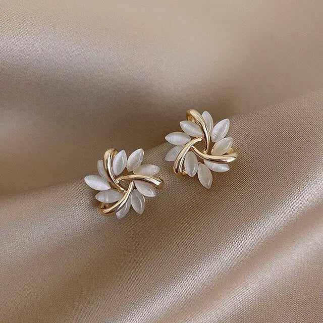 White Opal Drop Earrings – Enamel Detail in Gold Tone