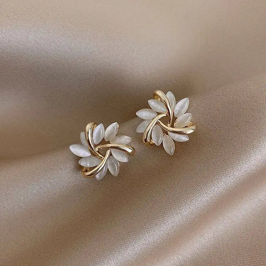 White Opal Drop Earrings – Enamel Detail in Gold Tone