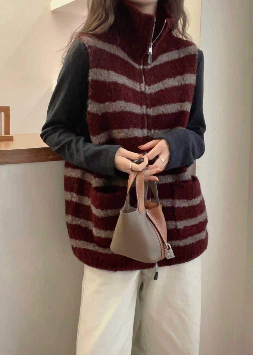 Red Pockets Patchwork Knit Sleeveless Waistcoat Zip Up