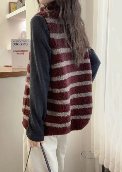 Red Pockets Patchwork Knit Sleeveless Waistcoat Zip Up