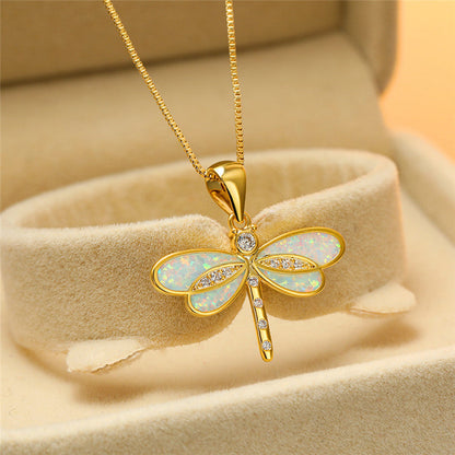 Dragonfly Opal Necklace – Gold Pendant in White or Blue
