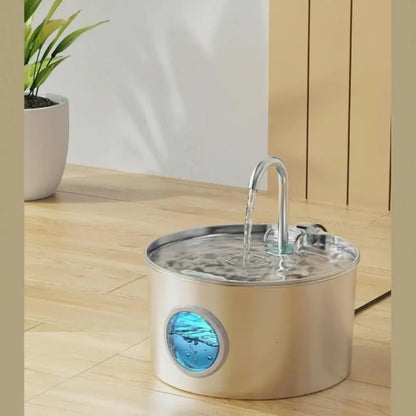Stainless steel cat water dispenser on wooden floor beside house plant