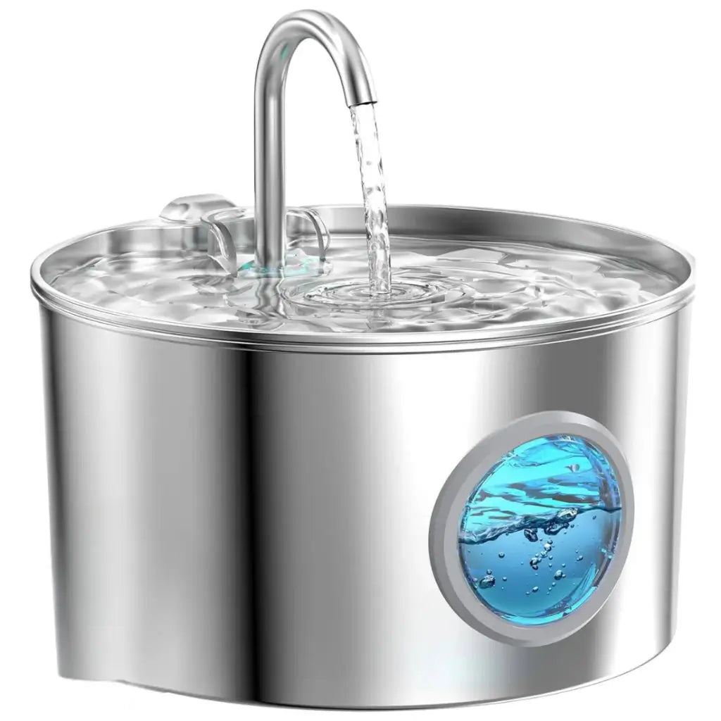 Stainless steel pet water fountain with flowing faucet spout on white background