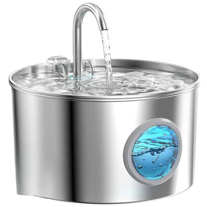 Stainless steel pet water fountain with flowing faucet spout on white background
