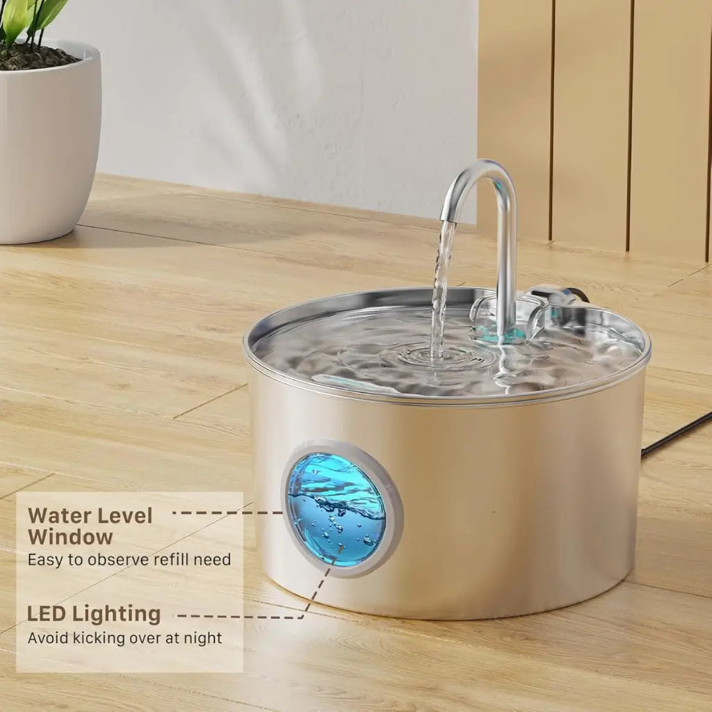 2.2L stainless steel cat drinking fountain with visible water level window