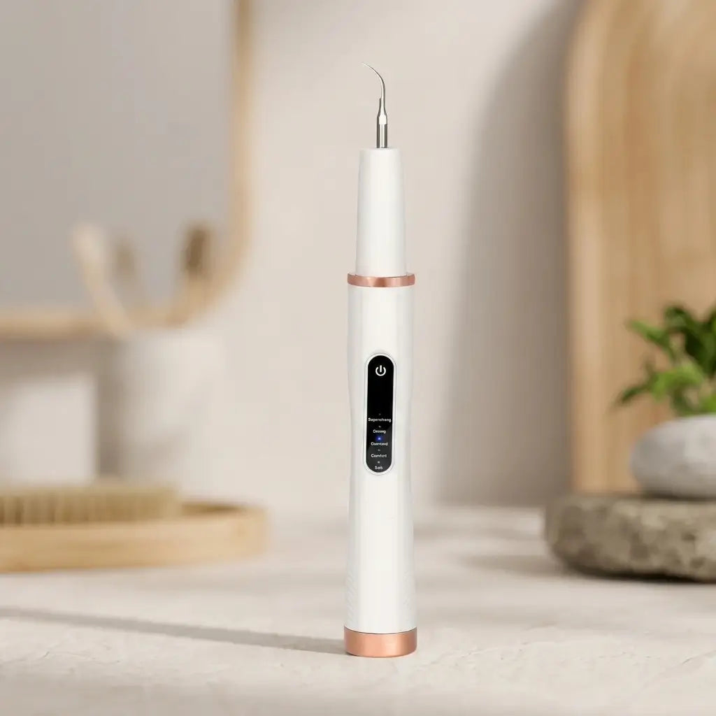 White and rose gold ultrasonic dog tartar remover on neutral background
