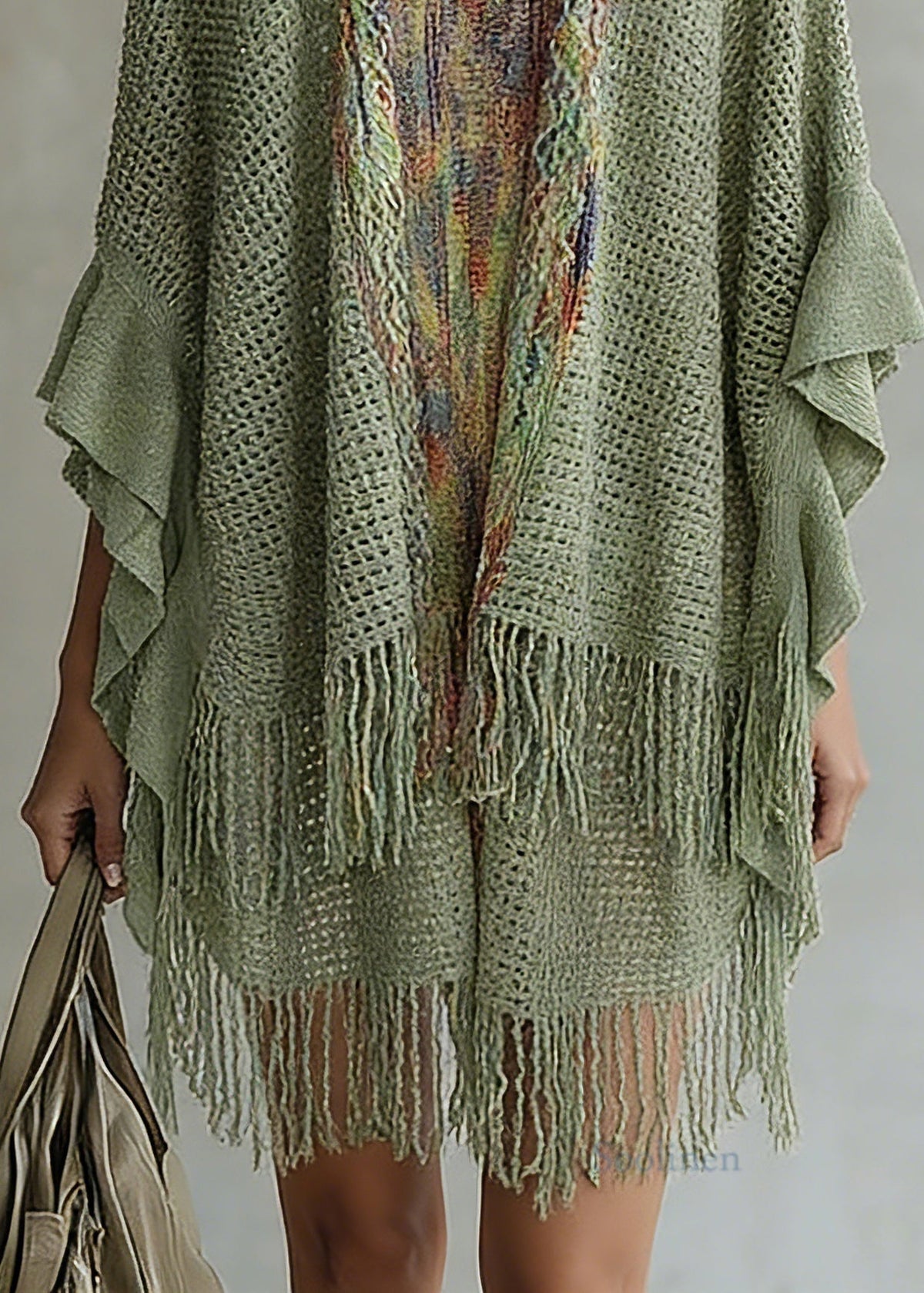 Women Green V Neck Knit Cardigan Batwing Sleeve
