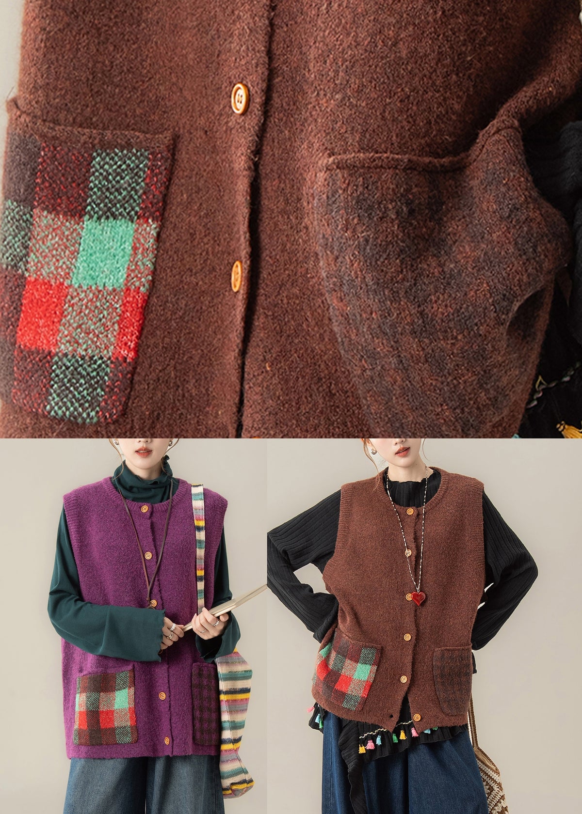 Women Purple Patchwork Button Cozy Cotton Knit Waistcoat Winter