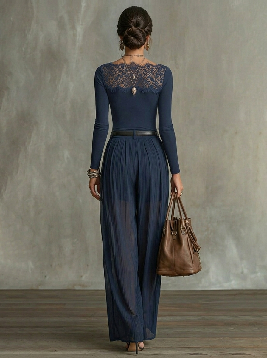 Kaitlyn Lace-Panel Top & Sheer Wide-Leg Pants Set