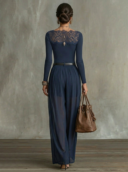 Kaitlyn Lace-Panel Top & Sheer Wide-Leg Pants Set