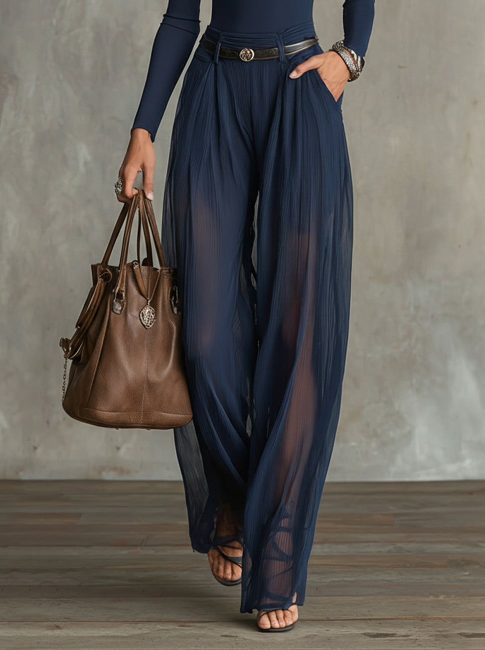 Kaitlyn Lace-Panel Top & Sheer Wide-Leg Pants Set