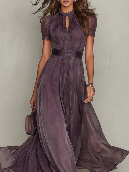 Flavia - Long Purple Dress with Drop Neckline and Chiffon Lace Trim