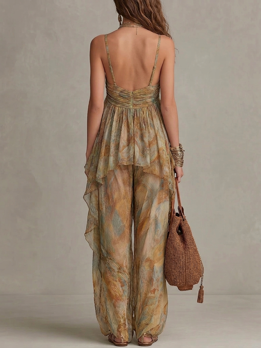 Karina Chiffon Ruffled Camisole and Wide-leg Pants Set