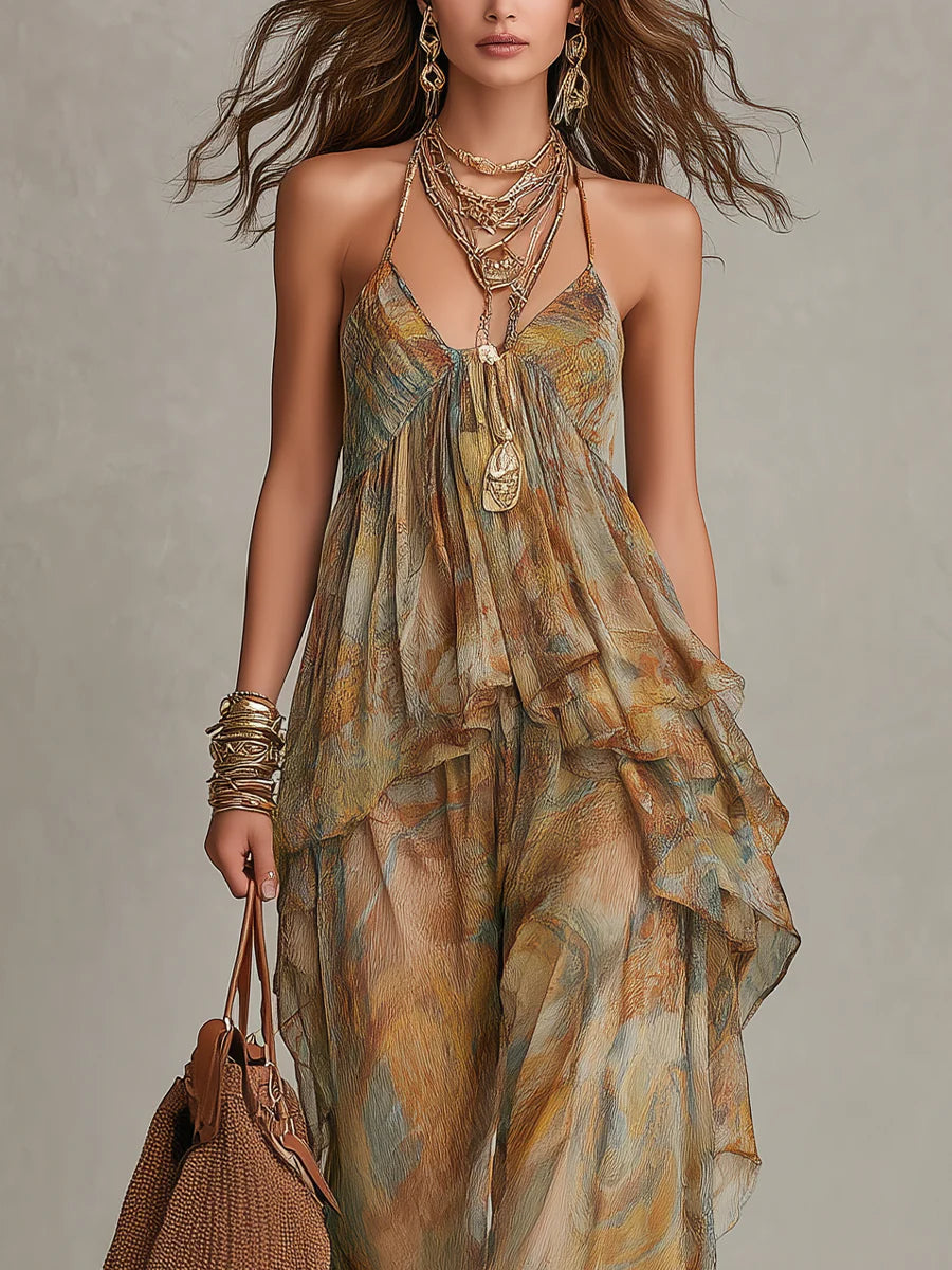 Karina Chiffon Ruffled Camisole and Wide-leg Pants Set
