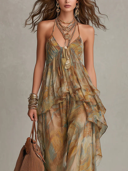 Karina Chiffon Ruffled Camisole and Wide-leg Pants Set