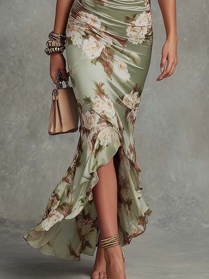 Ana | Long Asymmetric Satin Dress in Green with V-Neck