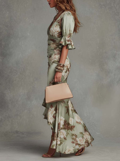 Ana | Long Asymmetric Satin Dress in Green with V-Neck