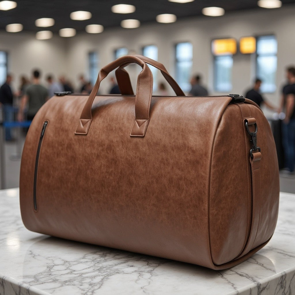 Espresso weekender on a marble surface in an airport terminal