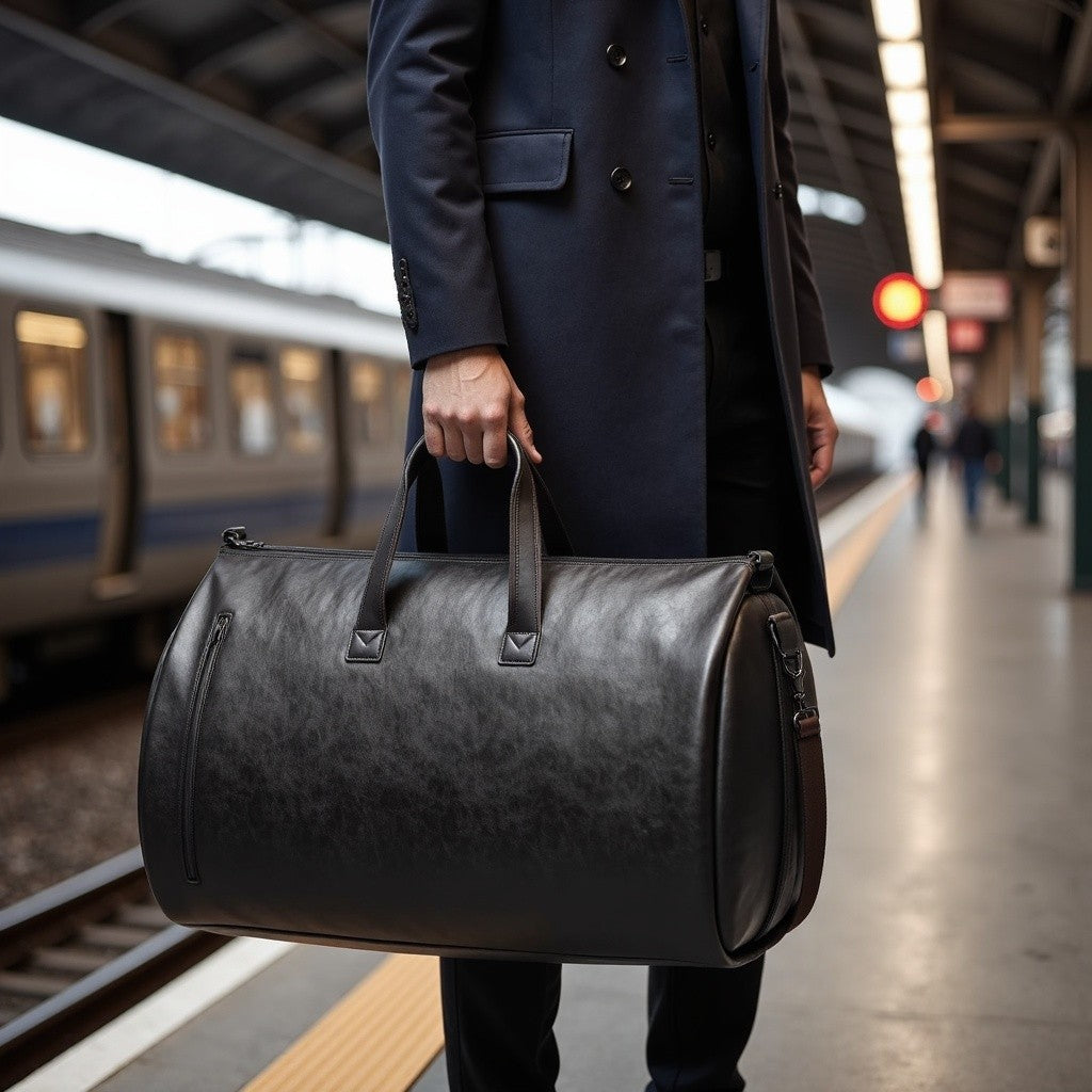 Charcoal weekender carried along a railway platform