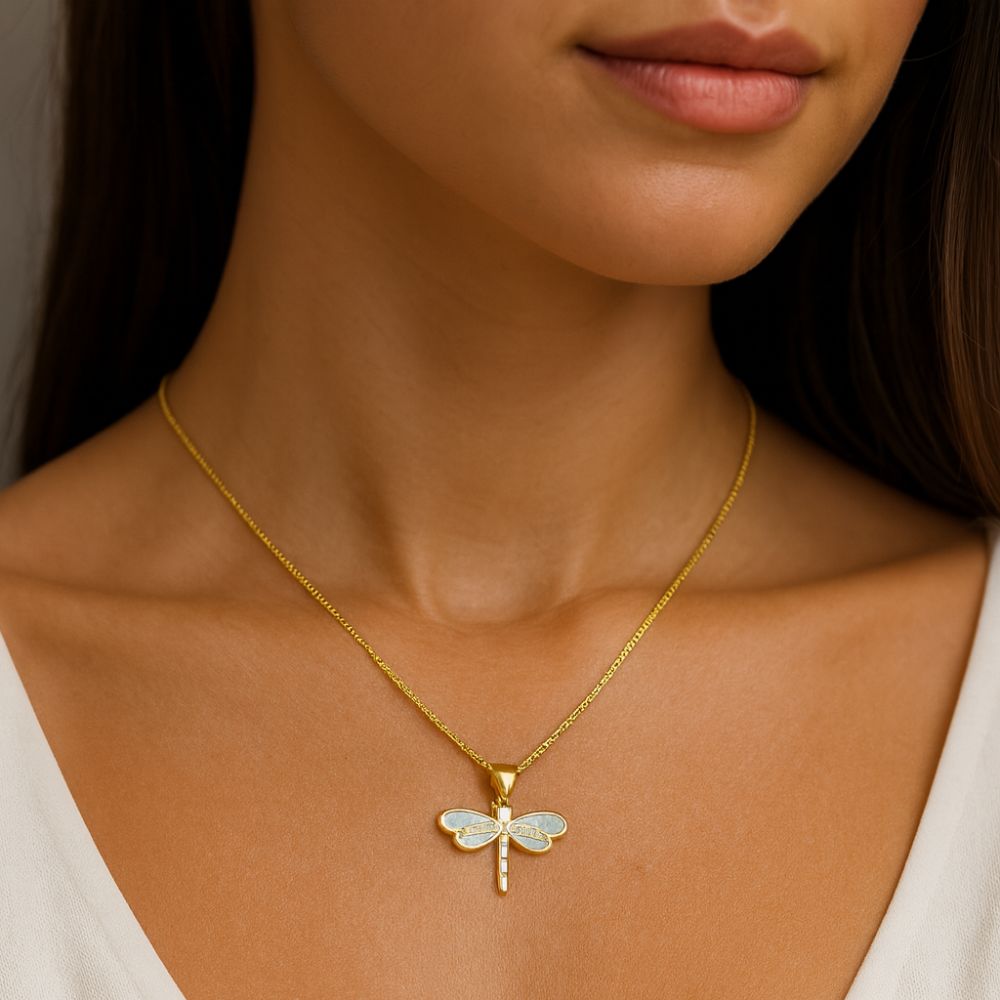 Dragonfly Opal Necklace – Gold Pendant in White or Blue