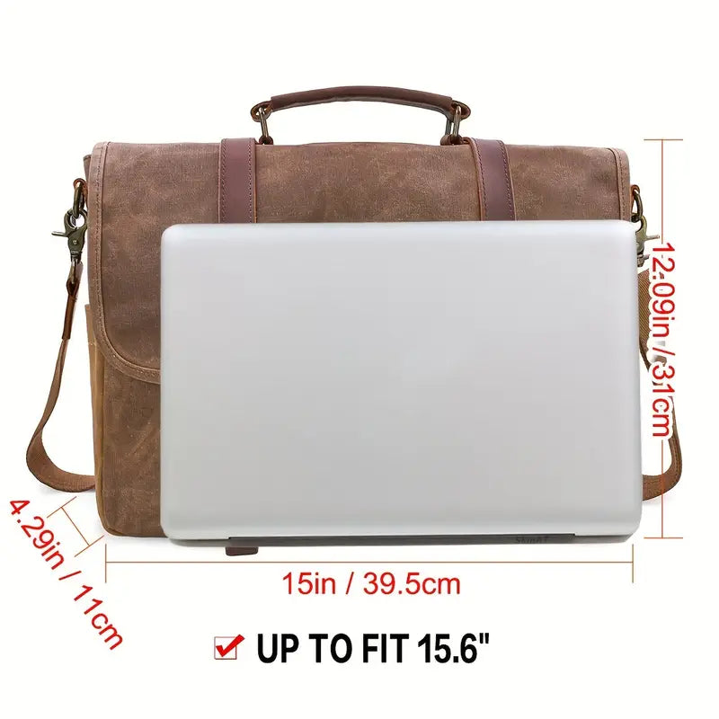 Waterproof Canvas & Genuine Leather Shoulder Bag – Men's 15" Laptop Messenger Bag | Brett