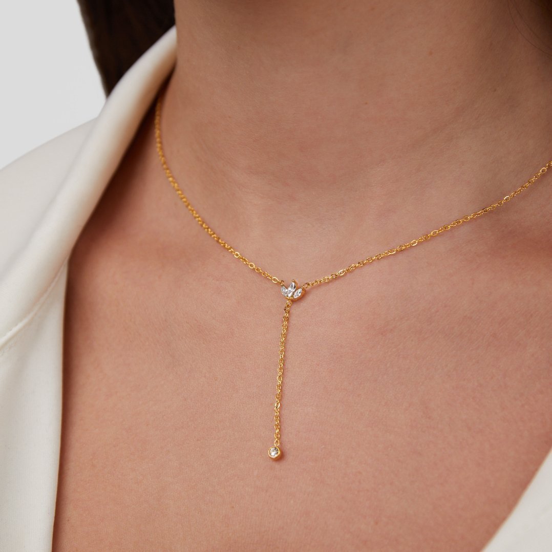 Crystal Lariat Drop Necklace – 18K Gold Adjustable Y-Drop Necklace