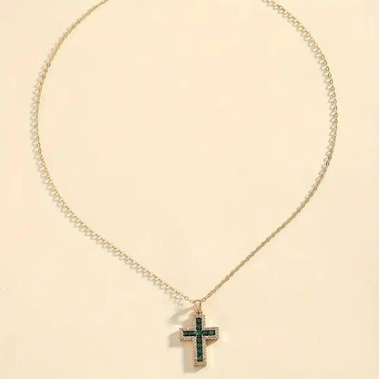 Emerald Cross Pendant Necklace – Gold Plated Adjustable Chain