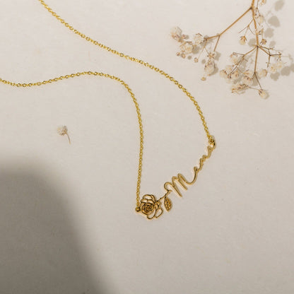 Birth Flower Horizontal Name Necklace