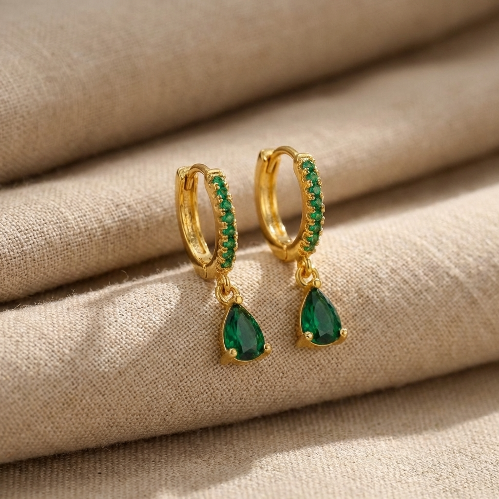 Emerald Shine Hoops – 18K Gold Green Crystal Hoop Earrings