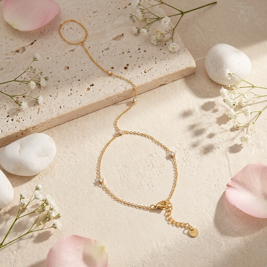 Dahlia Diamond Hand Chain – 18K Gold Crystal Wrist-to-Finger Chain