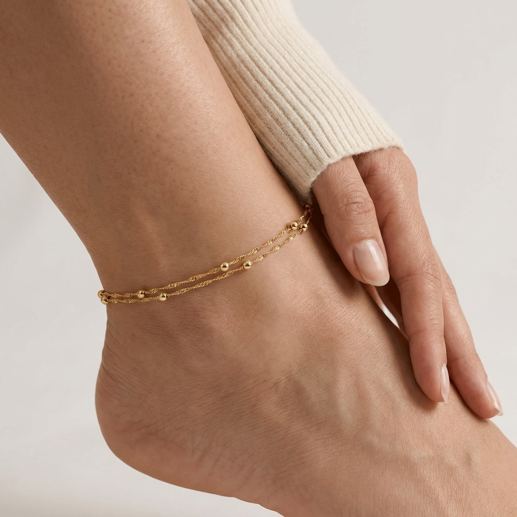 Corinne twin bead gold anklet – 18K ankle bracelet