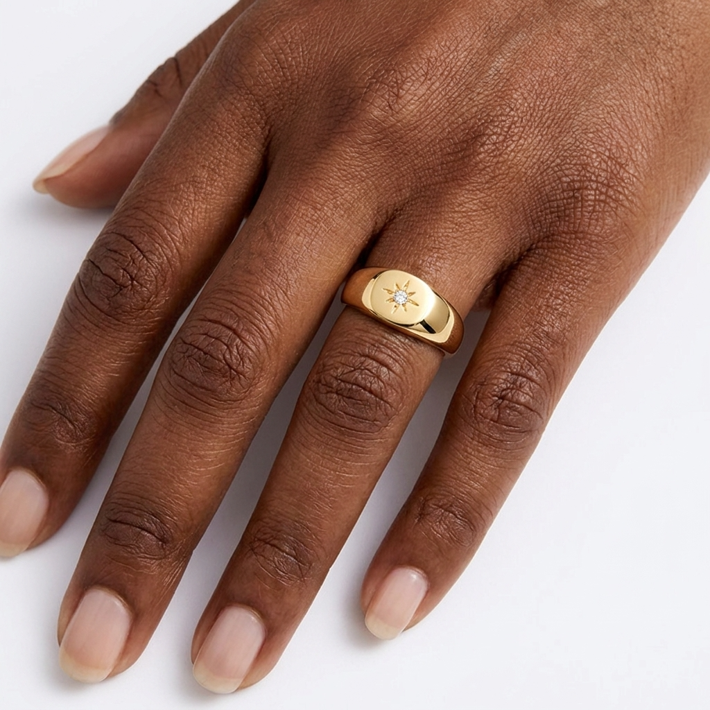 Polaris Signet Ring – 18K Gold Starburst Dome Statement Ring