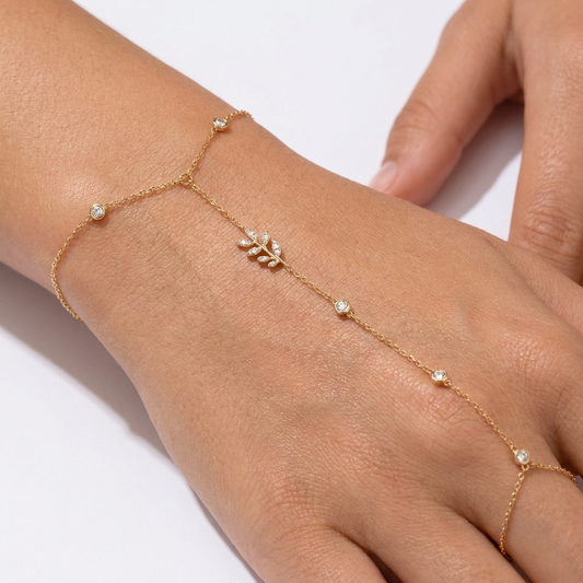 Laurel Hand Chain – 925 Sterling Silver Crystal Leaf Wrist-to-Finger Chain