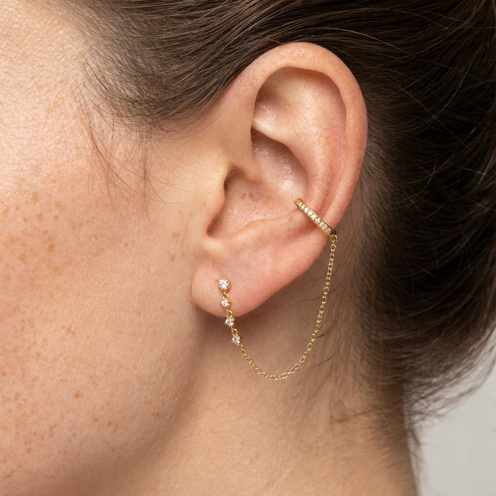 Ines Chain Cuff Hoops – 925 Sterling Silver Textured Crystal Hoops