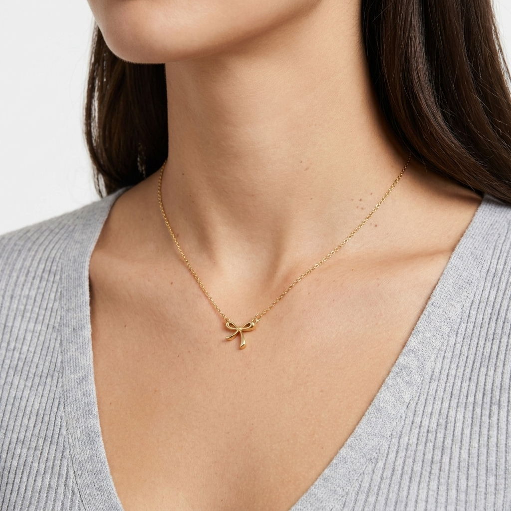 Elegant Bow Necklace – 18K Gold Minimal Bow Pendant Necklace