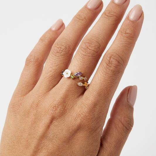 Elodie Blossom Ring – 18K Gold Crystal Floral Ring