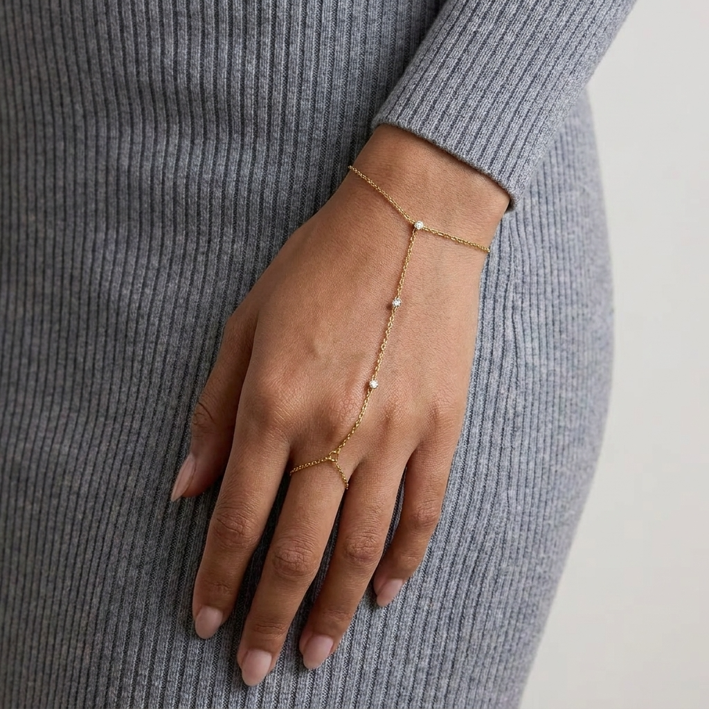 Dahlia Diamond Hand Chain – 18K Gold Crystal Wrist-to-Finger Chain