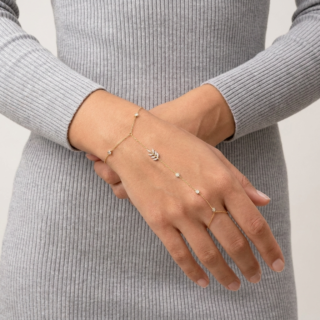 Laurel Hand Chain – 925 Sterling Silver Crystal Leaf Wrist-to-Finger Chain