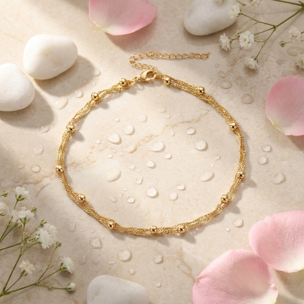 Corinne twin bead gold anklet – 18K ankle bracelet