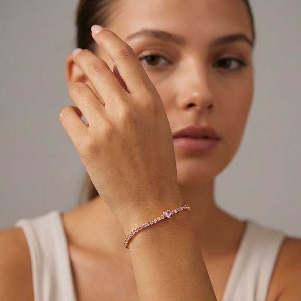Mila Heart Tennis Bracelet – 925 Sterling Silver Pink Crystal Bracelet