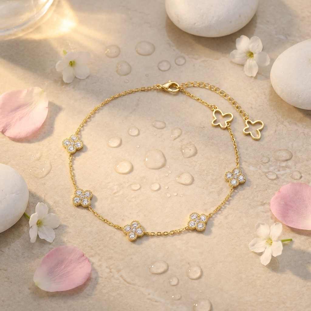 Evelina crystal clover anklet – 18K gold ankle bracelet